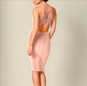 LuLu's Pink Bodycon Midi Dress with Lace Back